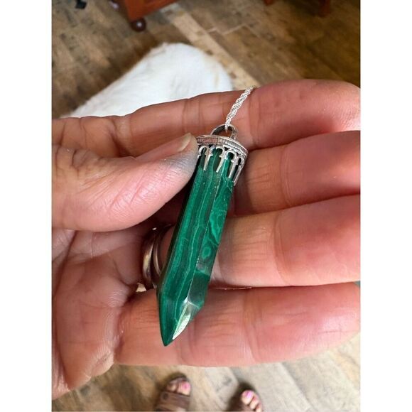 Necklace, Green Malachite Crystal Pendant, Sterling Silver, Handmade, Artisan, - Picture 2 of 6